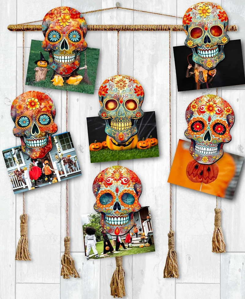 Designocracy Sugar Skulls Wood Clip-on Ornaments, Set of 6