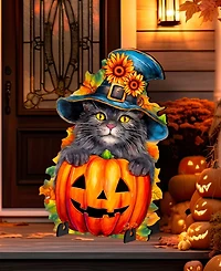 Designocracy Black Cat with Pumpkin Outdoor Decor