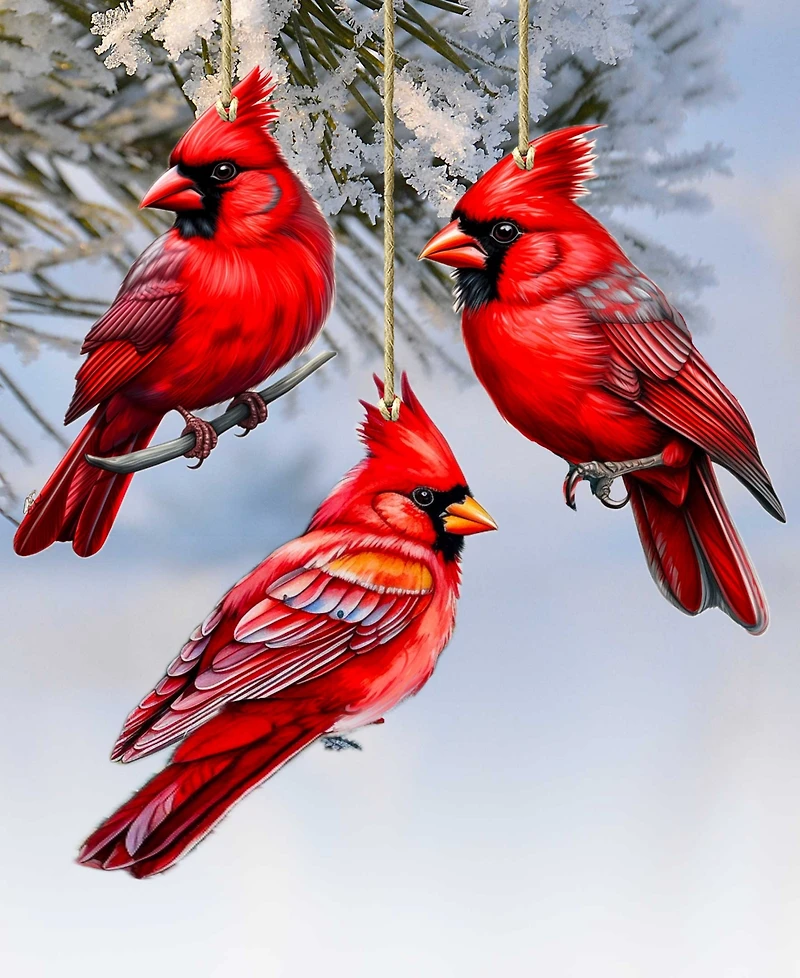 Designocracy Red Cardinals Wood Ornaments, Set of 3