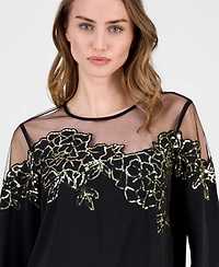 T Tahari Women's Crewneck Floral Illusion Blouse