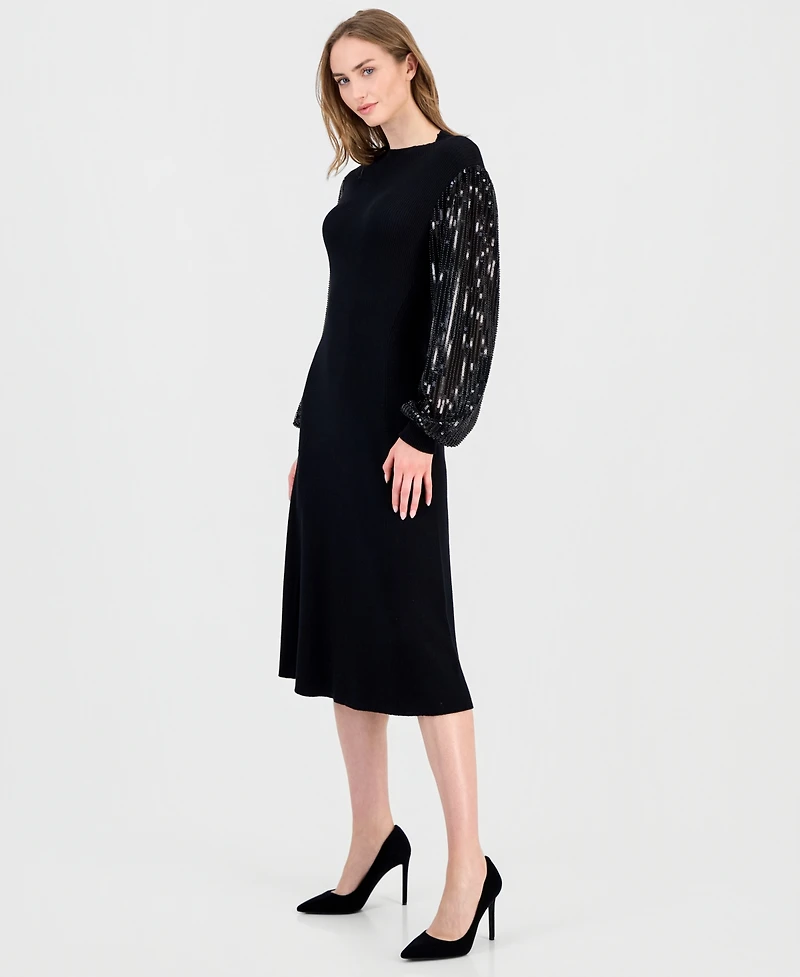 T Tahari Women's Embellished-Sleeve Ribbed Dress