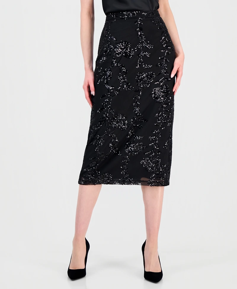 T Tahari Women's Floral Sequin Midi Skirt