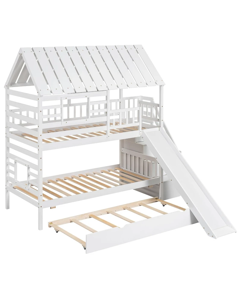 Boyel Living Twin over House Bunk Bed with Trundle and Slide, Storage Staircase, Roof Window Design