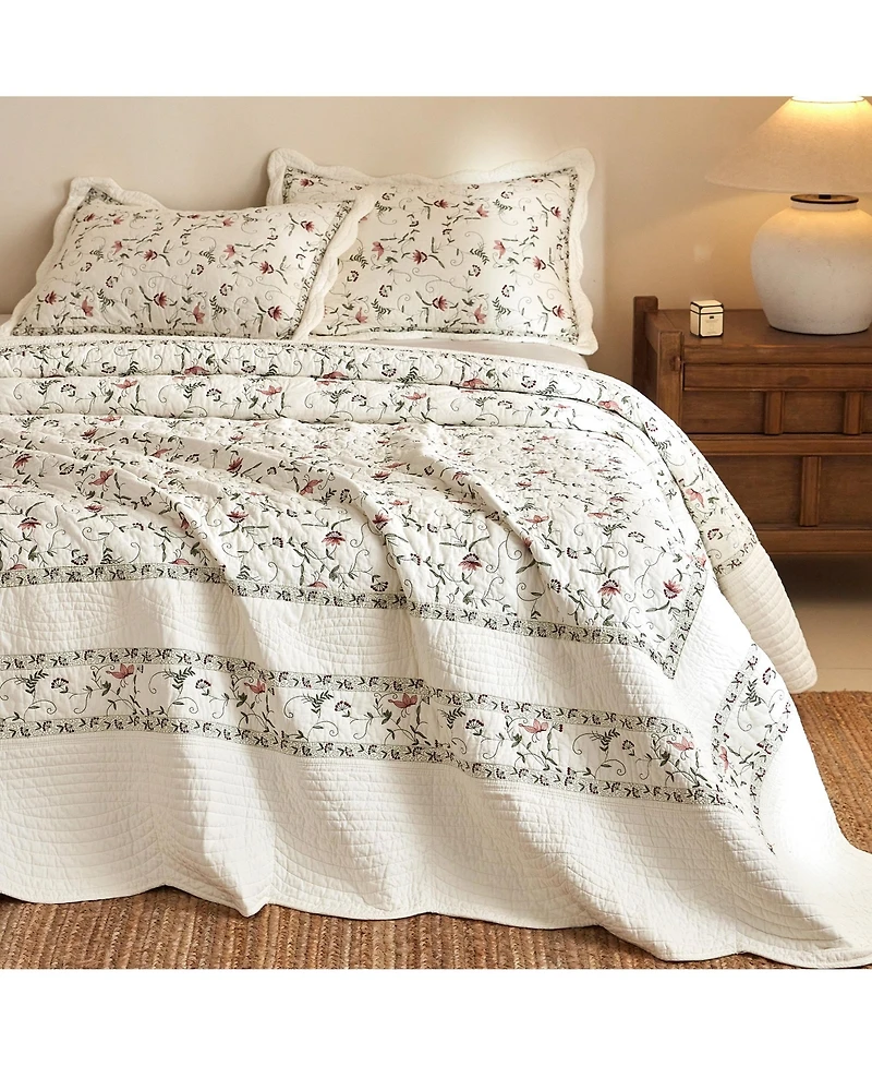 MarCielo 3Pcs 100% Cotton Embroidery Delicate Floral Quilt Bedspread Set Queen