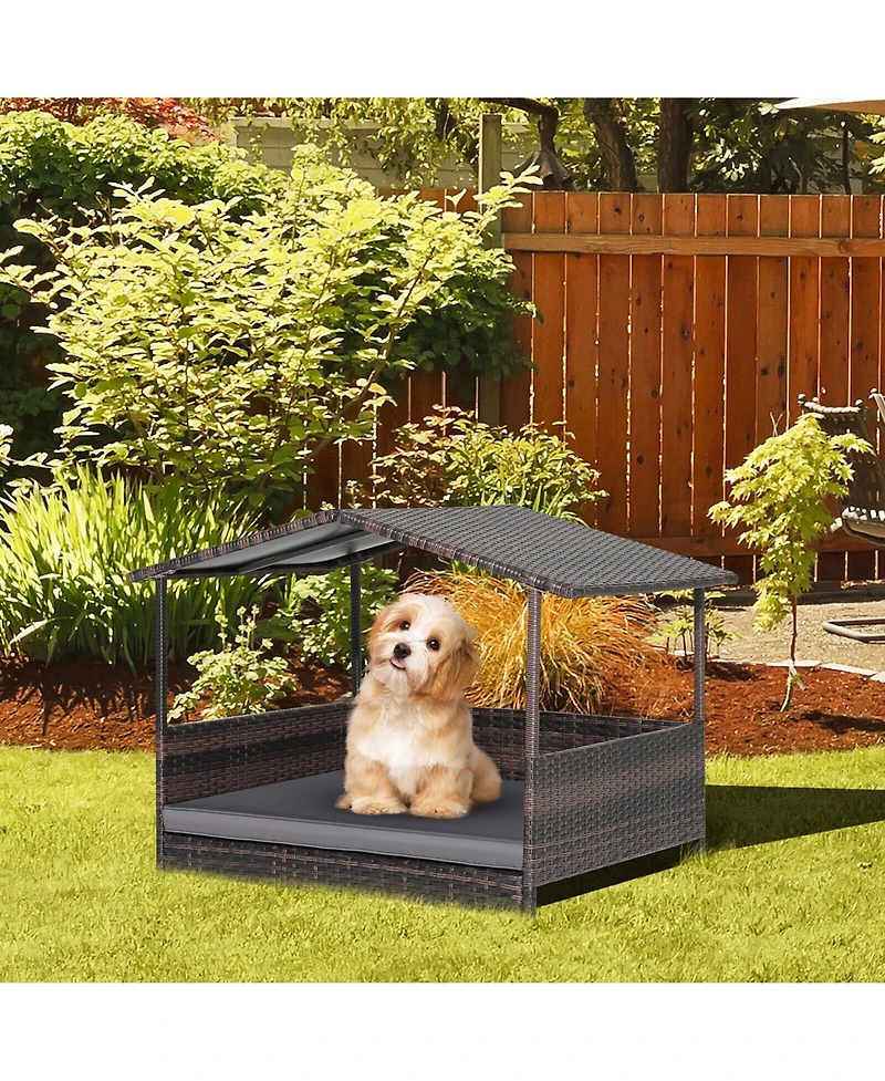 Gymax Wicker Dog House w/ Cushion Lounge Raised Rattan Bed for Indoor/Outdoo