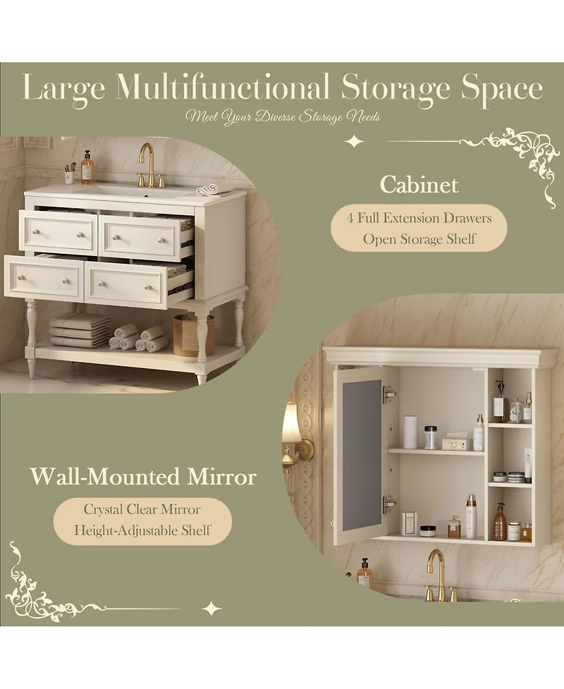 Casainc 36-Inch Bathroom Vanity with Mirror Cabinet, Adjustable Shelves, 4 Drawers & Solid Wood Storage Cabinet