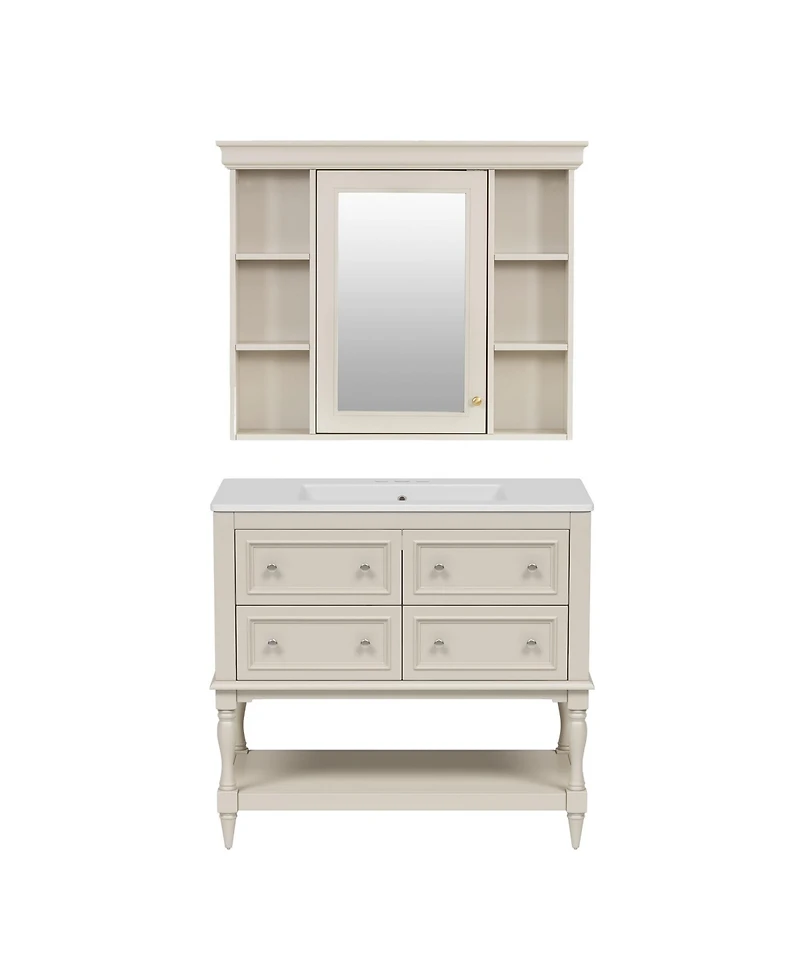 Casainc 36-Inch Bathroom Vanity with Mirror Cabinet, Adjustable Shelves, 4 Drawers & Solid Wood Storage Cabinet