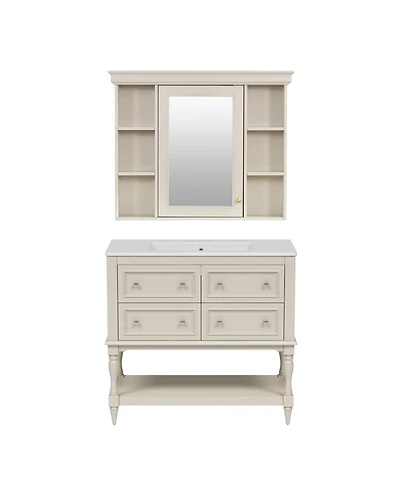 Casainc 36-Inch Bathroom Vanity with Mirror Cabinet, Adjustable Shelves, 4 Drawers & Solid Wood Storage Cabinet