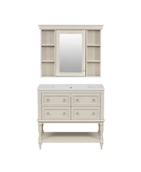 Casainc 36-Inch Bathroom Vanity with Mirror Cabinet, Adjustable Shelves, 4 Drawers & Solid Wood Storage Cabinet