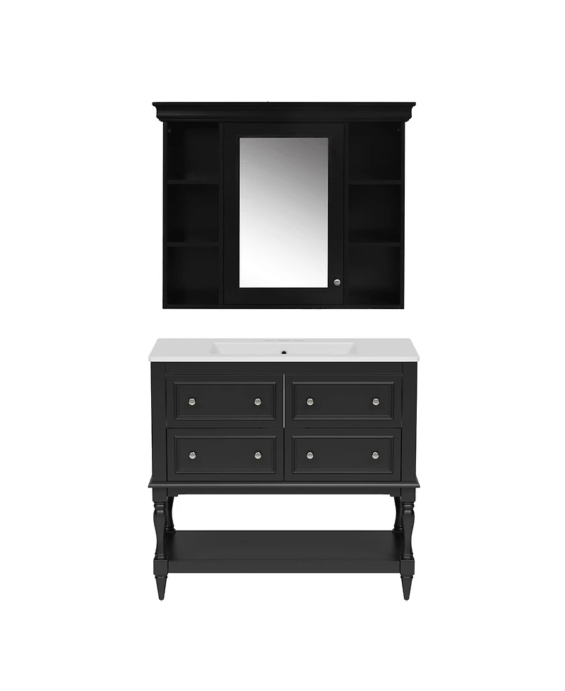 Casainc 36-Inch Bathroom Vanity with Mirror Cabinet, Adjustable Shelves, 4 Drawers & Solid Wood Storage Cabinet