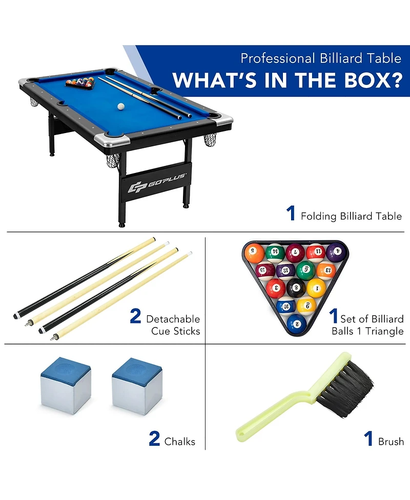 6 Ft Billiard Table 76 Inch Foldable Pool Table Perfect for Kids and Adults