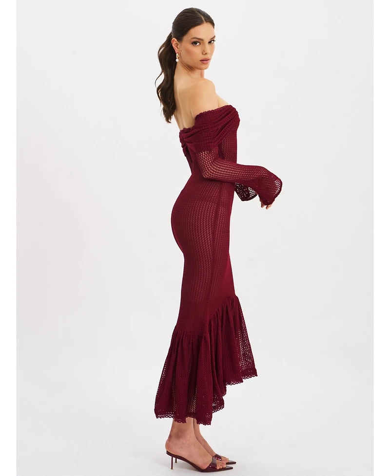 Miss Circle Women Kaedyn Burgundy Off Shoulder Long Sleeve Crochet Mermaid Maxi Dress