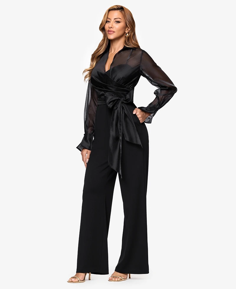 Xscape Women's V-Neck Long Sleeve Jumpsuit