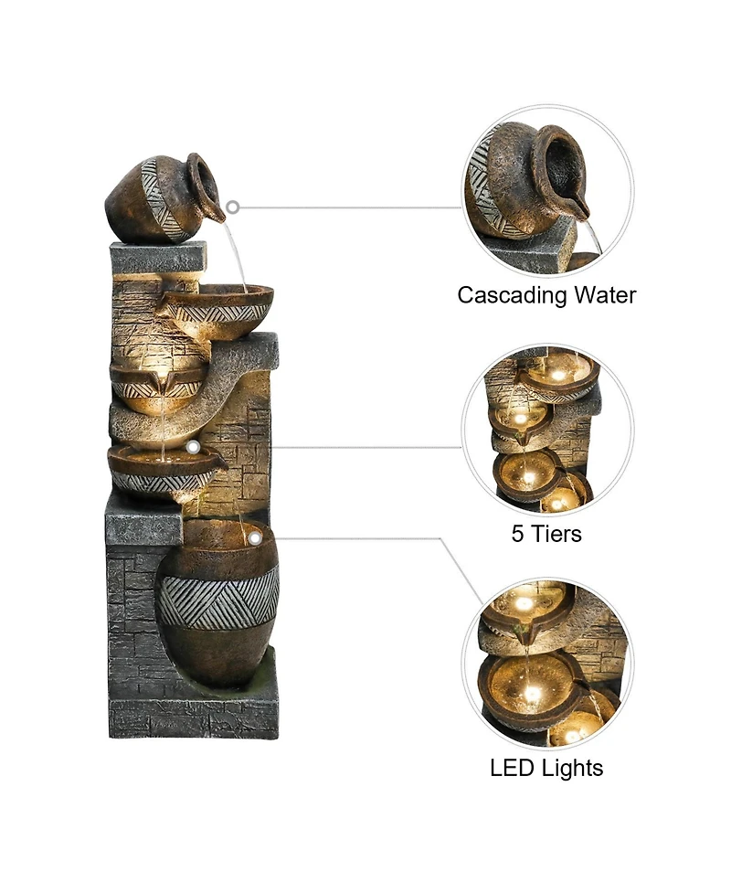 SunJet 5-Tiers Indoor/Outdoor Garden Water Fountain - 42.5inches Modern Floor-Standing Cascading Water Feature