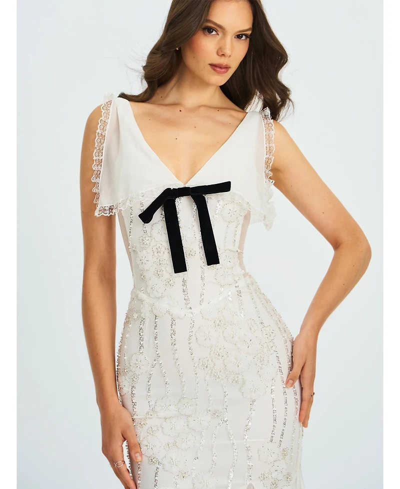 Miss Circle Women Paola White Peter Pan Collar Beaded Sequin Mermaid Midi Dress
