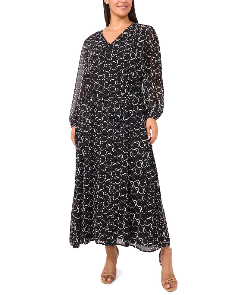 Msk Plus Geometric Print Long Sleeves Maxi Dress