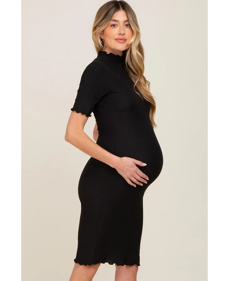 Pinkblush Maternity Black Ribbed Mock Neck Fitted Midi Dress