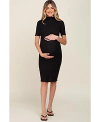 Pinkblush Maternity Black Ribbed Mock Neck Fitted Midi Dress