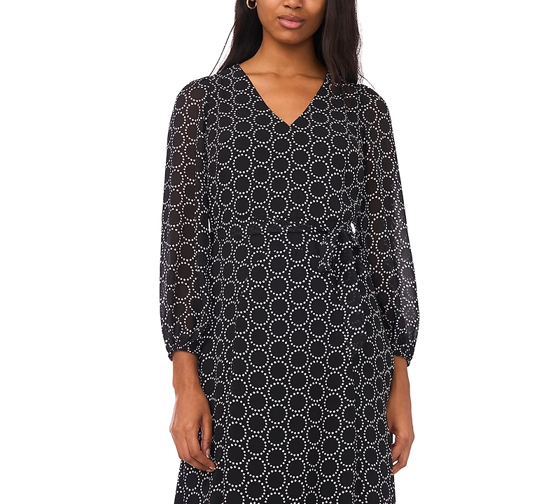 Msk Petite Geometric Print V-Neck Long Sleeves Midi Dress