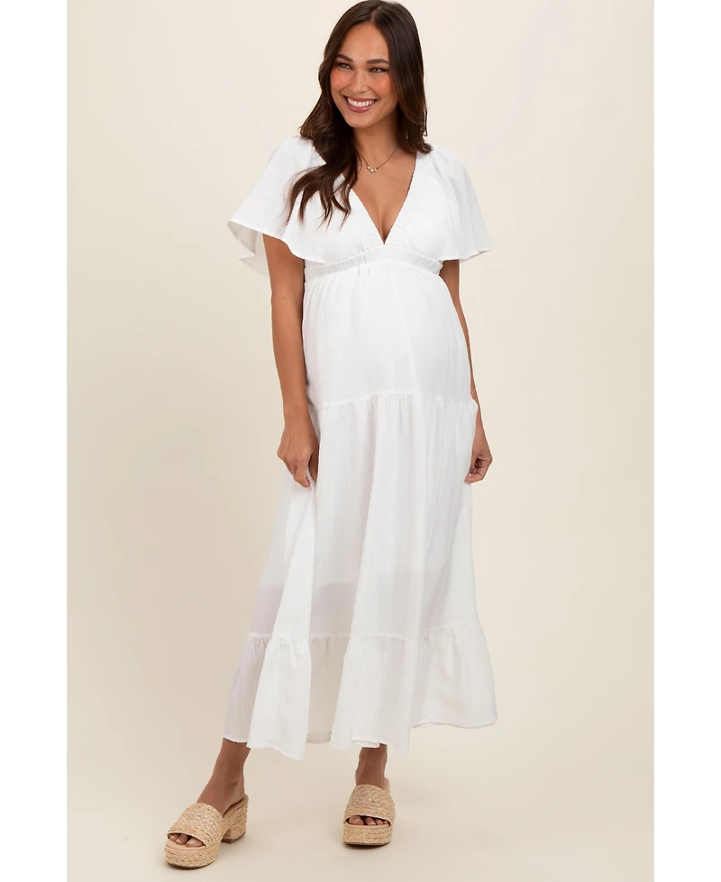Pinkblush Maternity Ivory Deep V-Neck Flutter Sleeve Tiered Midi Dress