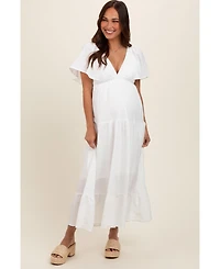 Pinkblush Maternity Ivory Deep V-Neck Flutter Sleeve Tiered Midi Dress