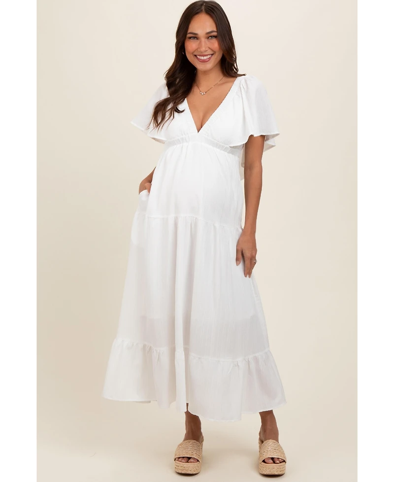 Pinkblush Maternity Ivory Deep V-Neck Flutter Sleeve Tiered Midi Dress