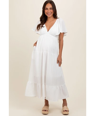 Pinkblush Maternity Ivory Deep V-Neck Flutter Sleeve Tiered Midi Dress