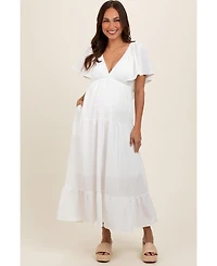 Pinkblush Maternity Ivory Deep V-Neck Flutter Sleeve Tiered Midi Dress