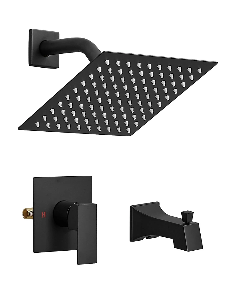 Greenspring Modern Single-Handle 2-Spray Rainfall Square Shower Faucet Set with Tub Spout Combo in Matte Black Valve Included