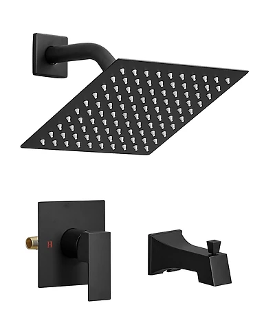 Greenspring Modern Single-Handle 2-Spray Rainfall Square Shower Faucet Set with Tub Spout Combo in Matte Black Valve Included