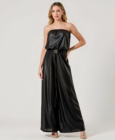 Modenaire Women's Strapless Satin Belted Jumpsuit