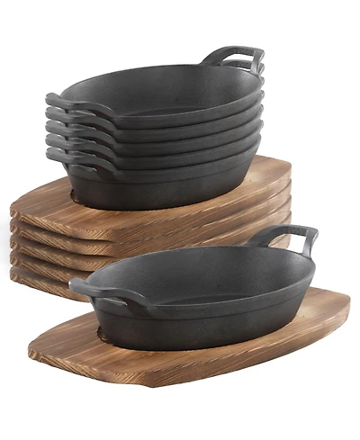 MegaChef 6 Piece Mini Cast Iron Oval Pan with Wood Tray Set