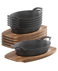 MegaChef Piece Mini Cast Iron Oval Pan with Wood Tray Set
