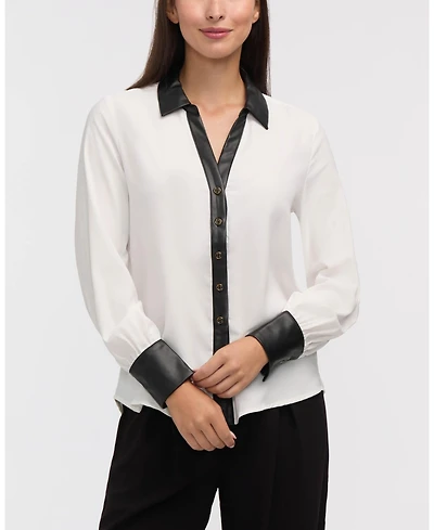 Ellen Tracy Women's Button-Down Blouse with Leather Detail