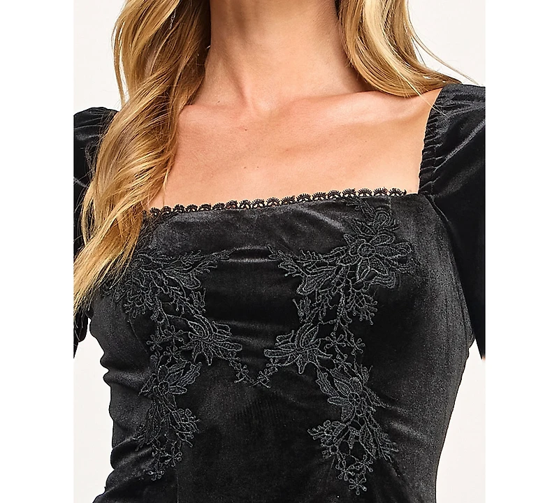 Seni & Cade Juniors' Velvet Drop Waist Embroidered Pull-On Short Dress
