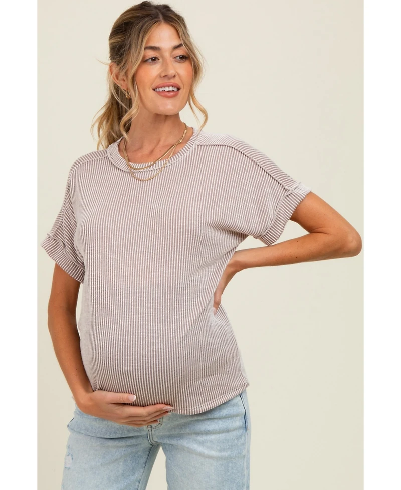 Pinkblush Maternity Taupe Ribbed Exposed Seam Short Sleeve Top