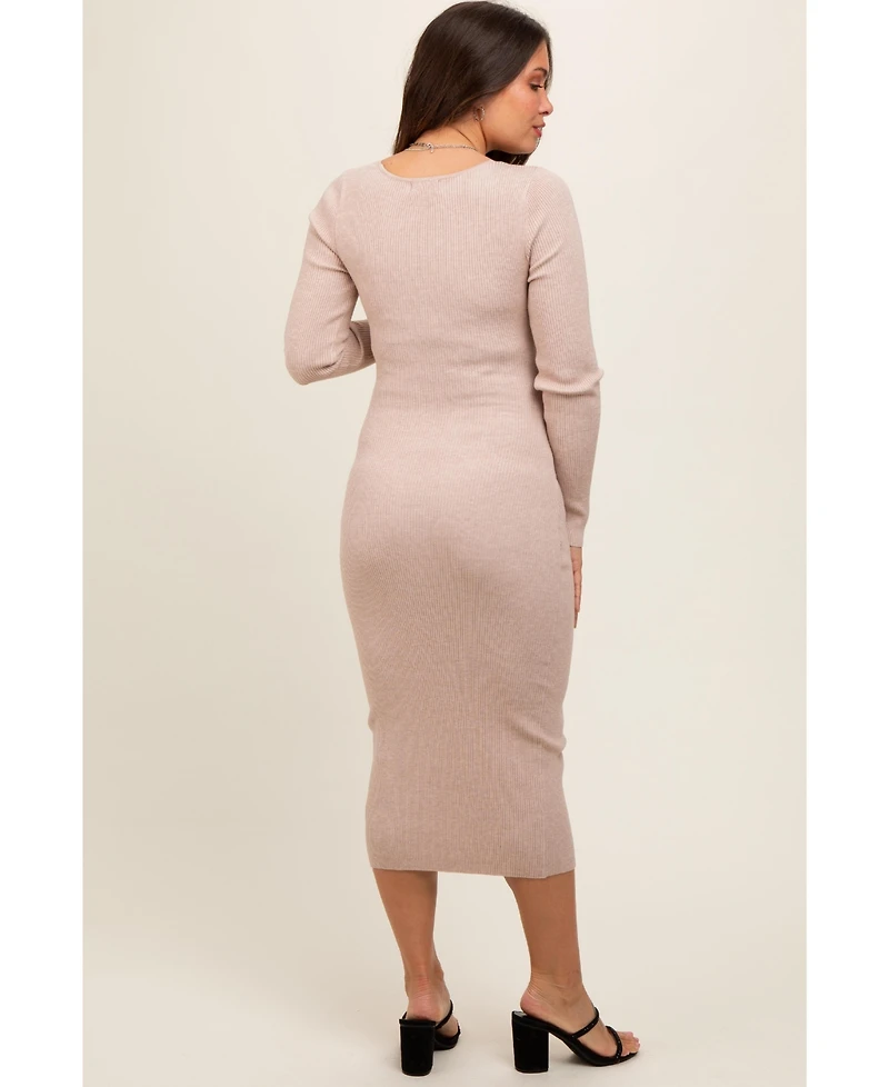 Pinkblush Maternity Beige Long Sleeve Fitted Dress