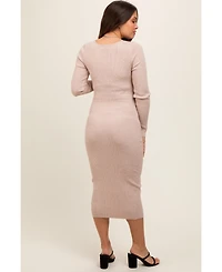Pinkblush Maternity Beige Long Sleeve Fitted Dress