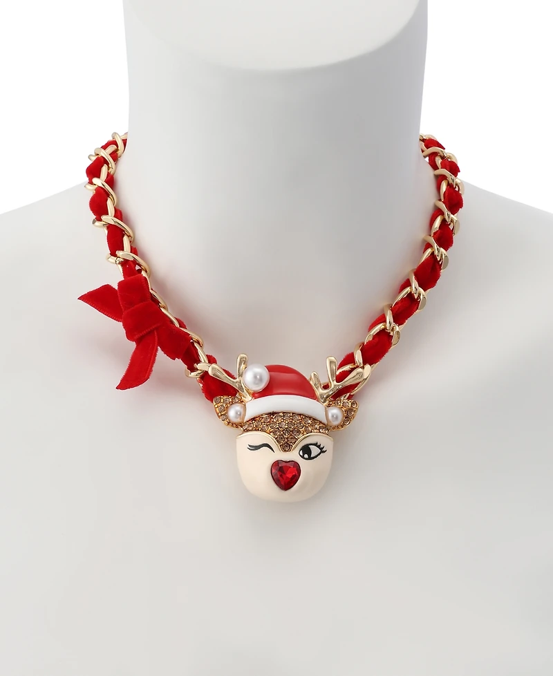 Betsey Johnson Faux Stone Santa Baby Reindeer Bow Pendant Necklace