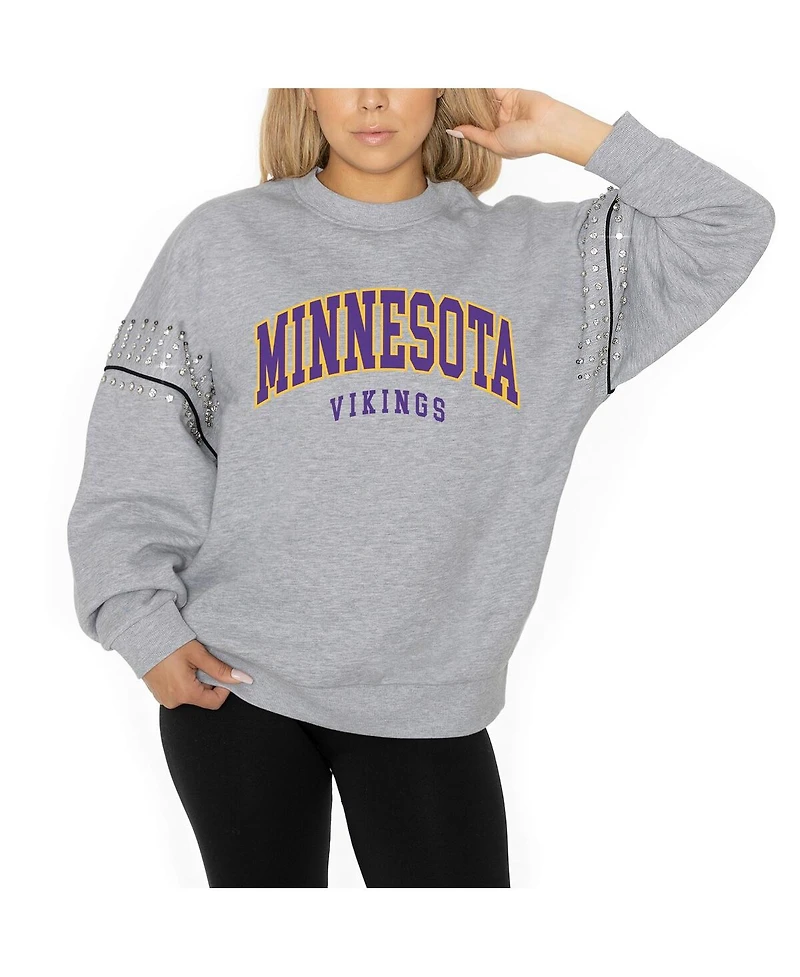 Gameday Couture Women's Ash Minnesota Vikings Rhinestone Drop Shoulder Oversized Fleece Pullover Sweatshirt