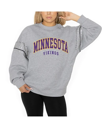 Gameday Couture Women's Ash Minnesota Vikings Rhinestone Drop Shoulder Oversized Fleece Pullover Sweatshirt