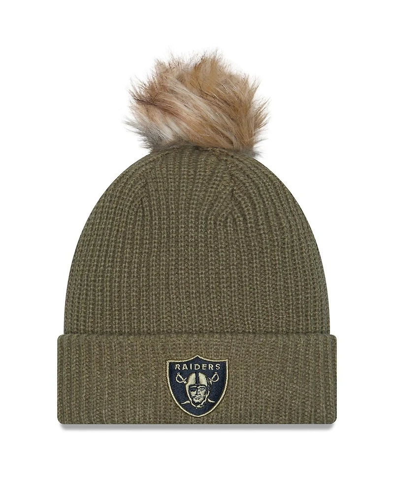 New Era Women's Dark Green Las Vegas Raiders 2025 Salute to Service Cuffed Knit with Pom Hat