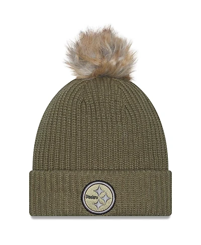 New Era Women's Dark Green Pittsburgh Steelers 2025 Salute to Service Cuffed Knit with Pom Hat