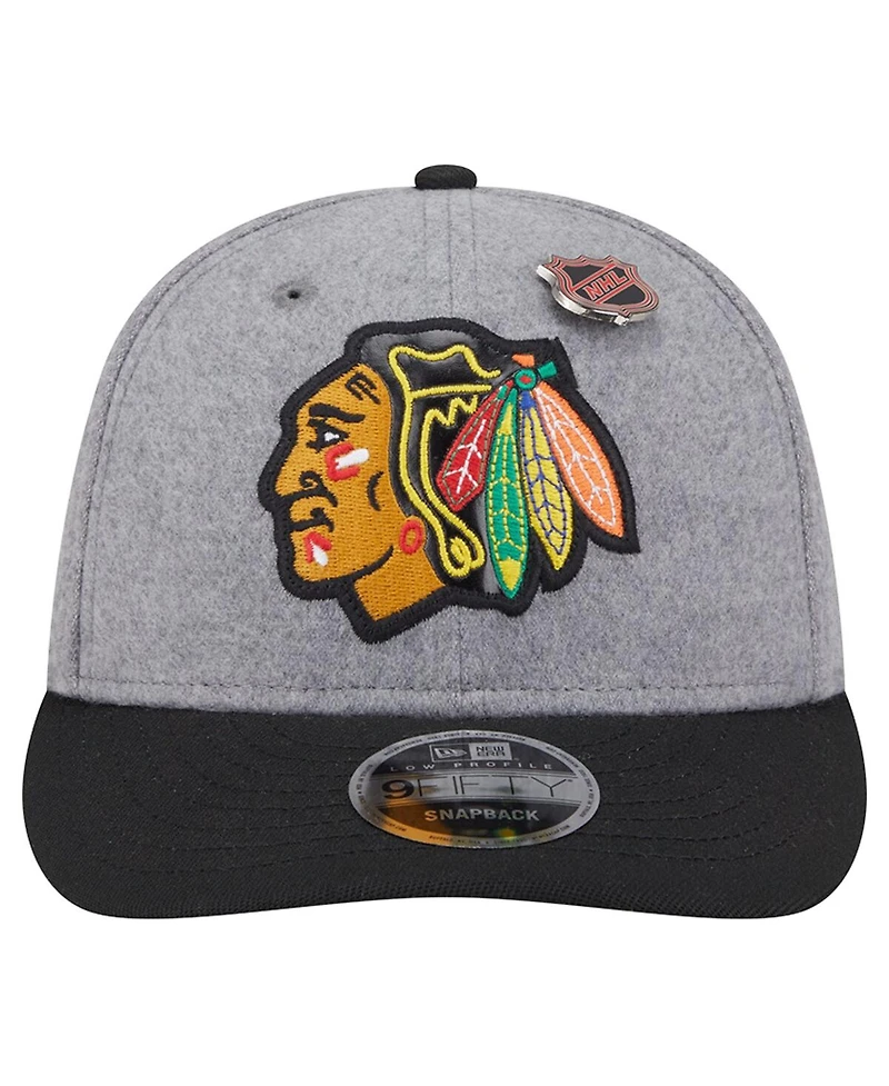 New Era Men's Gray/Black Chicago Blackhawks Wool Pin Low Profile 9FIFTY Snapback Hat