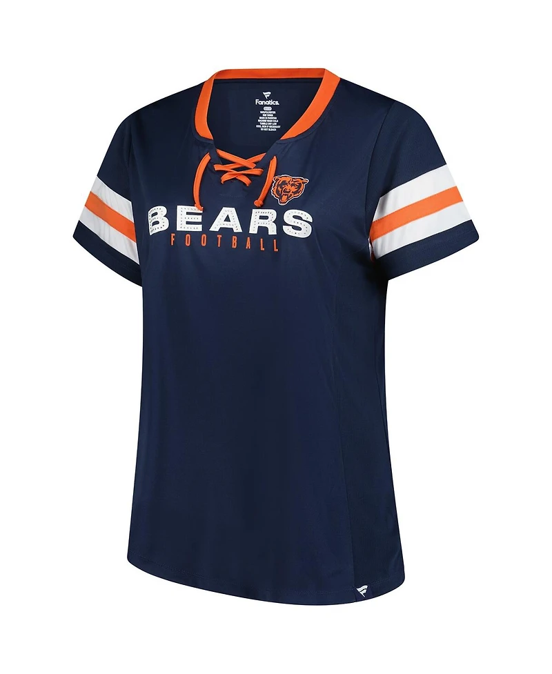 Fanatics Women's Navy Chicago Bears Plus Rhinestone Redzone Athena Lace-Up Notch Neck T-Shirt
