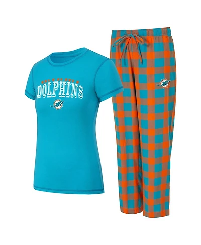 Concepts Sport Women's 2-Piece Aqua/Orange Miami Dolphins Avondale T-Shirt and Pants Flannel Pj Set