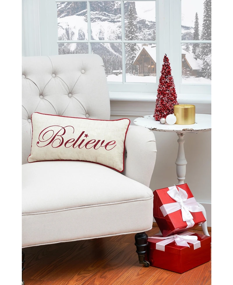 "Believe" Cursive Script Cotton Blend Christmas Mini Accent Pillow 10" x 18.5"