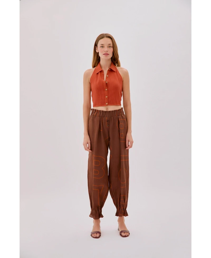 Labeca London Women's Leah Linen Collared Crop Top