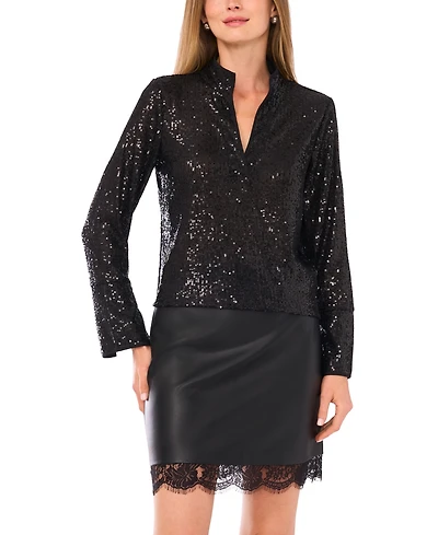 Vince Camuto Women's Sequined Split-Neck Tunic Blouse
