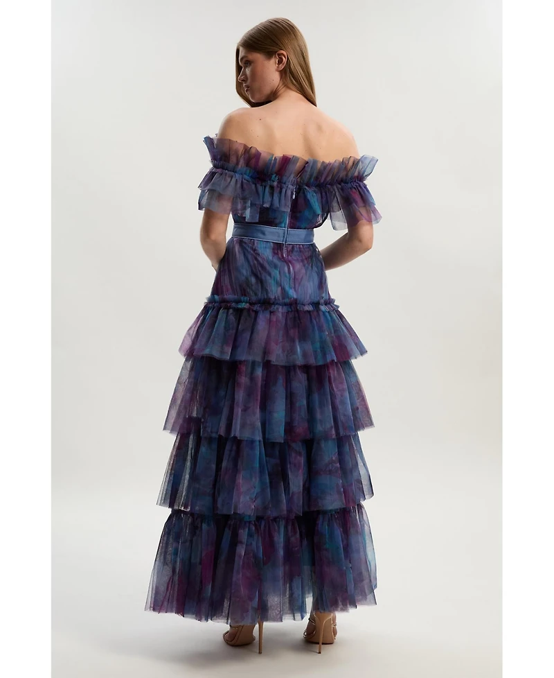 Karen Millen Women's Floral Tulle Off Shoulder Maxi Dress